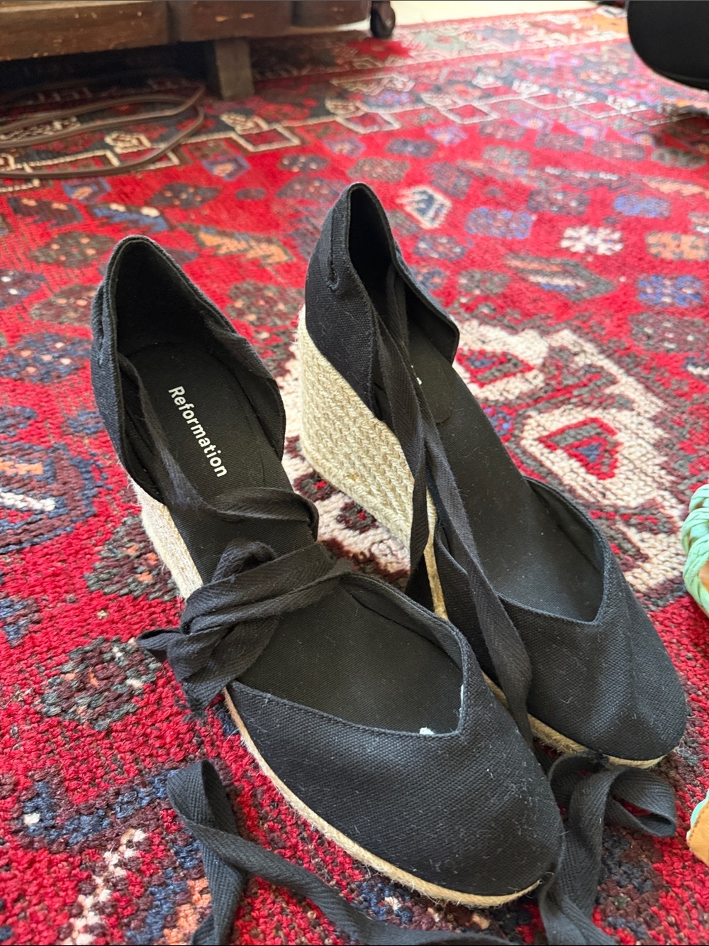 Reformation Black Canvas Espadrille Wedge Tie-Backs